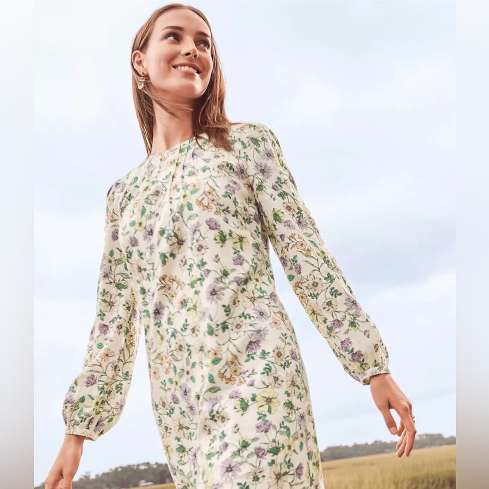 LOFT Petite Floral Linen Blend Long Sleeve Shift Dress